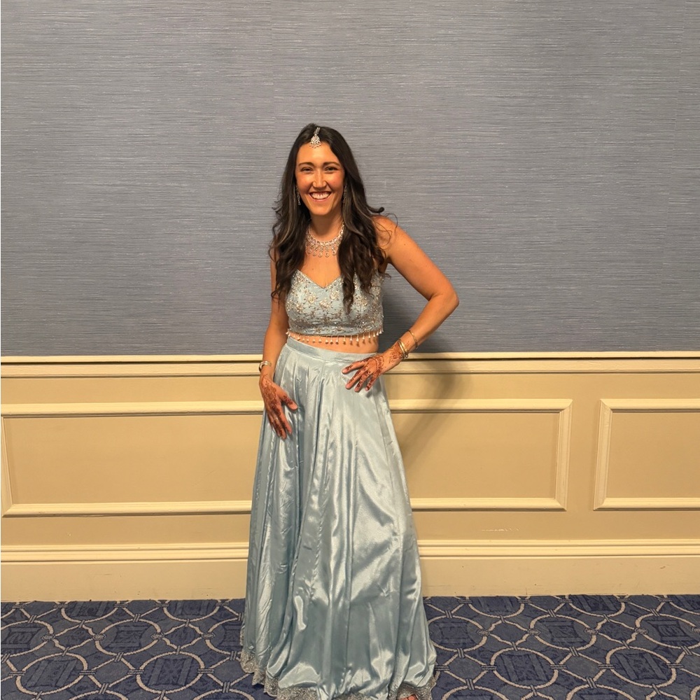 Elegant Ice Blue Embroidered Lehenga Skirt Set - Picture 8 of 14